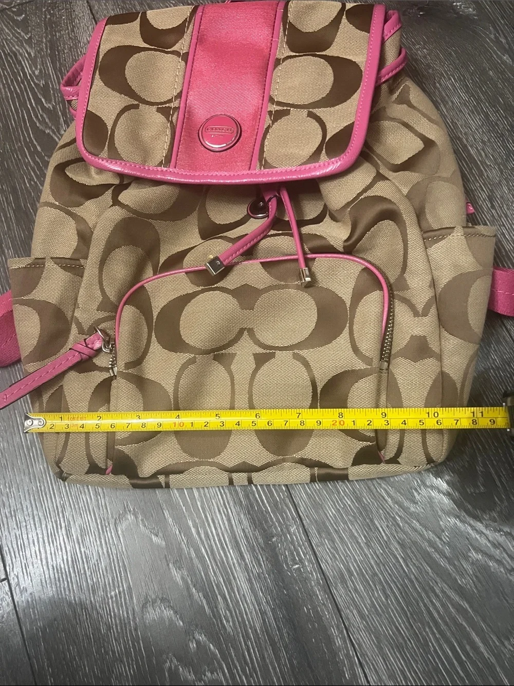 Coach Brown Signature Canvas Backpack with Pink Trim